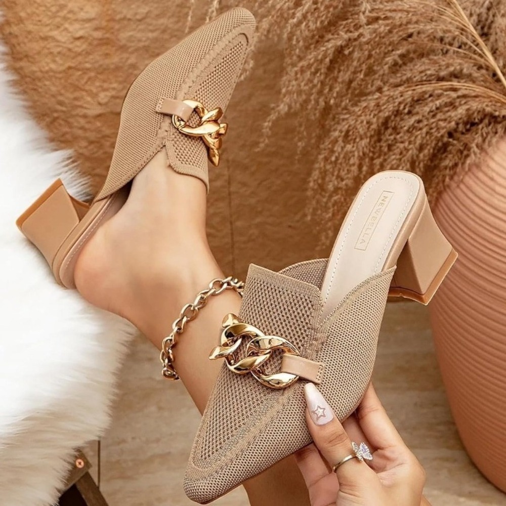 Newbella Mules Womens 10 Tan Knit Gold Chain Block‎ Heel Pointed Toe Chic NWT